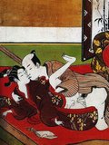 Shunga (春画) is a Japanese term for erotic art. Most shunga are a type of ukiyo-e, usually executed in woodblock print format. While rare, there are extant erotic painted handscrolls which predate the Ukiyo-e movement. Translated literally, the Japanese word shunga means picture of spring; 'spring' is a common euphemism for sex.<br/><br/>

The ukiyo-e movement as a whole sought to express an idealisation of contemporary urban life and appeal to the new chōnin class. Following the aesthetics of everyday life, Edo period shunga varied widely in its depictions of sexuality. As a subset of ukiyo-e it was enjoyed by all social groups in the Edo period, despite being out of favour with the shogunate.<br/><br/>

Suzuki Harunobu (鈴木 春信, 1724 – July 7, 1770) was a Japanese woodblock print artist, one of the most famous in the Ukiyo-e style. He was an innovator, the first to produce full-color prints (nishiki-e) in 1765, rendering obsolete the former modes of two- and three-color prints.<br/><br/>

Harunobu used many special techniques, and depicted a wide variety of subjects, from classical poems to contemporary beauties (bijin, bijin-ga). Like many artists of his day, Harunobu also produced a number of shunga, or erotic images.